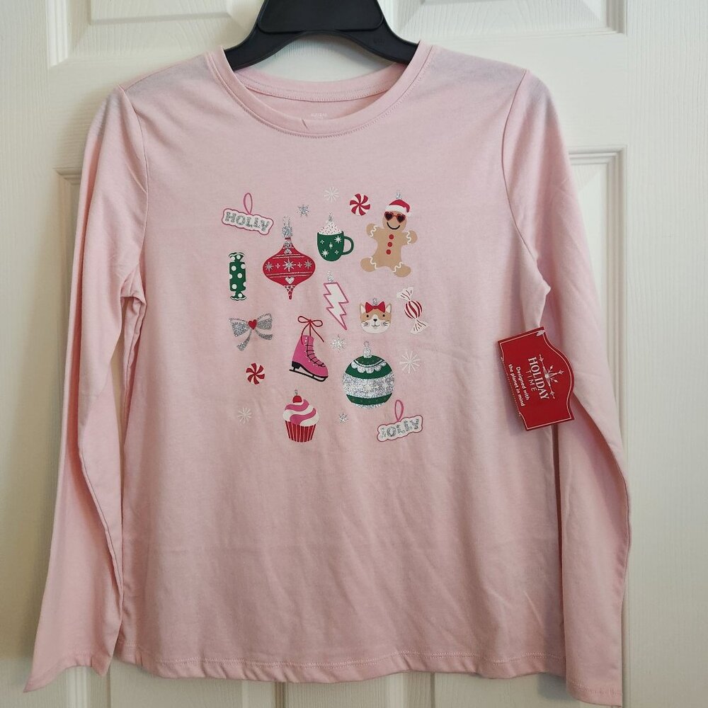 Holiday Time Girls Christmas Ornaments Graphic Tee with Long Sleeves XXL (18) -